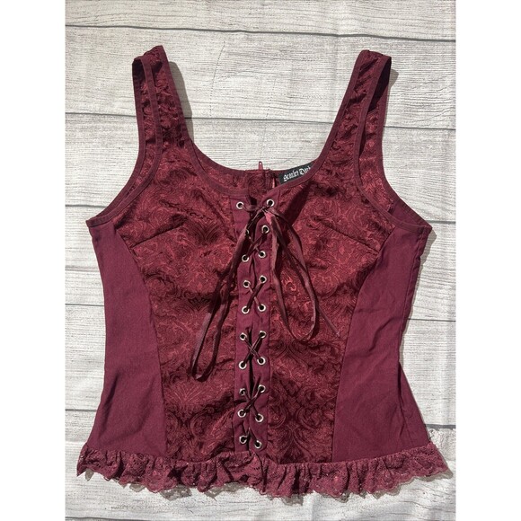 Tops - Scarlet Darkness Burgundy Red Victorian Style Cross Ribbon Tie Top Size M
